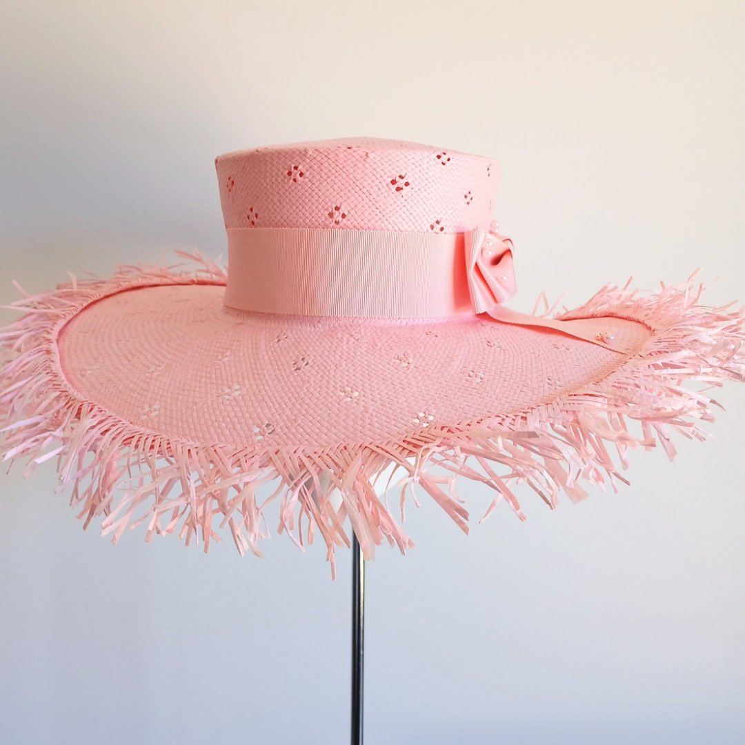 Ladies Pink Straw Boater wide brim hat - Julie Herbert Millinery