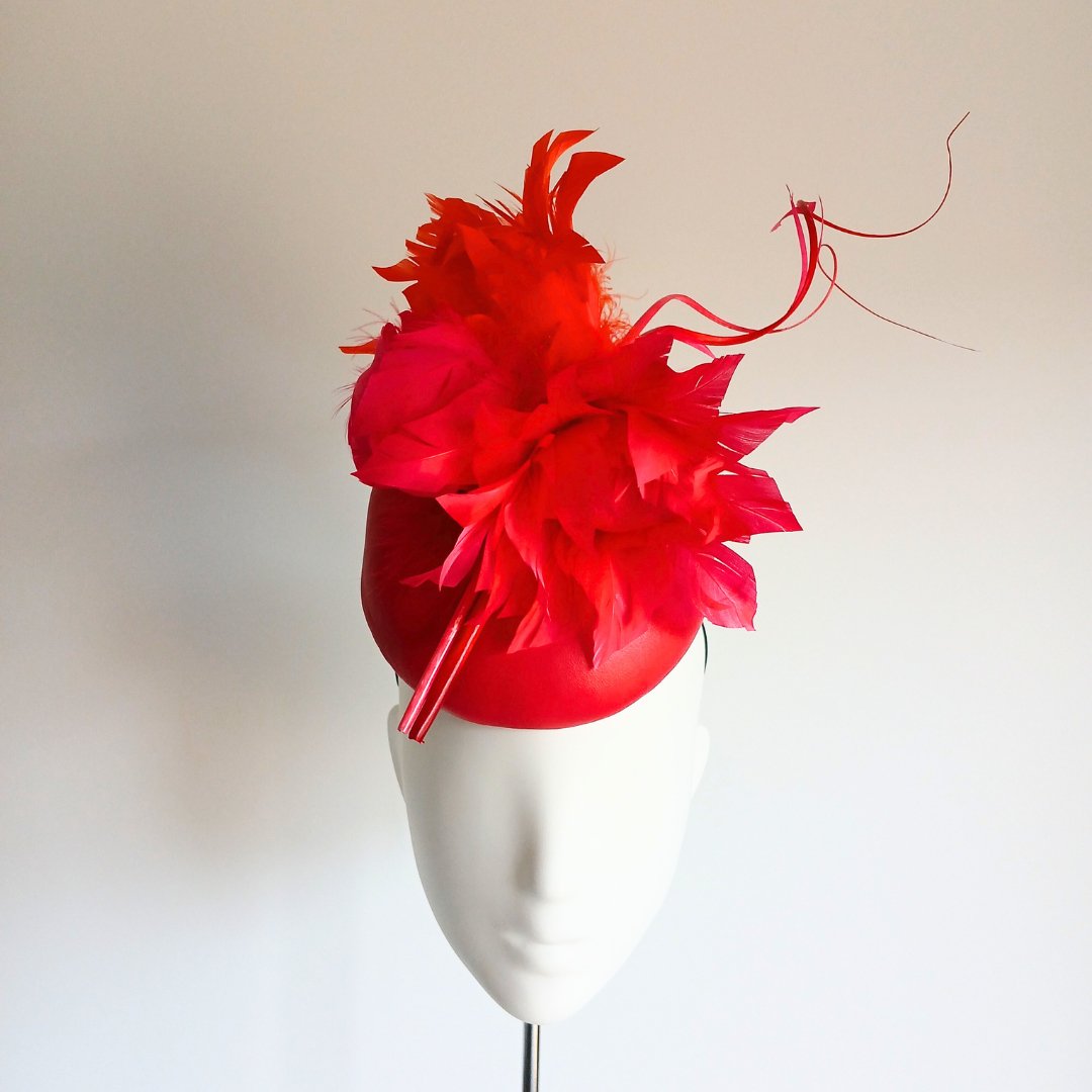 Women's Red and Orange Leather & feathers headpiece - Julie Herbert Millinery