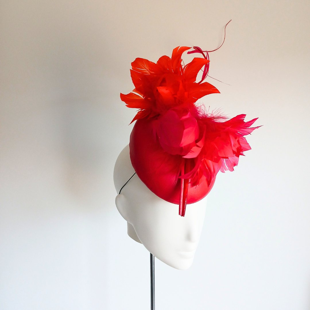 Women's Red and Orange Leather & feathers headpiece - Julie Herbert Millinery