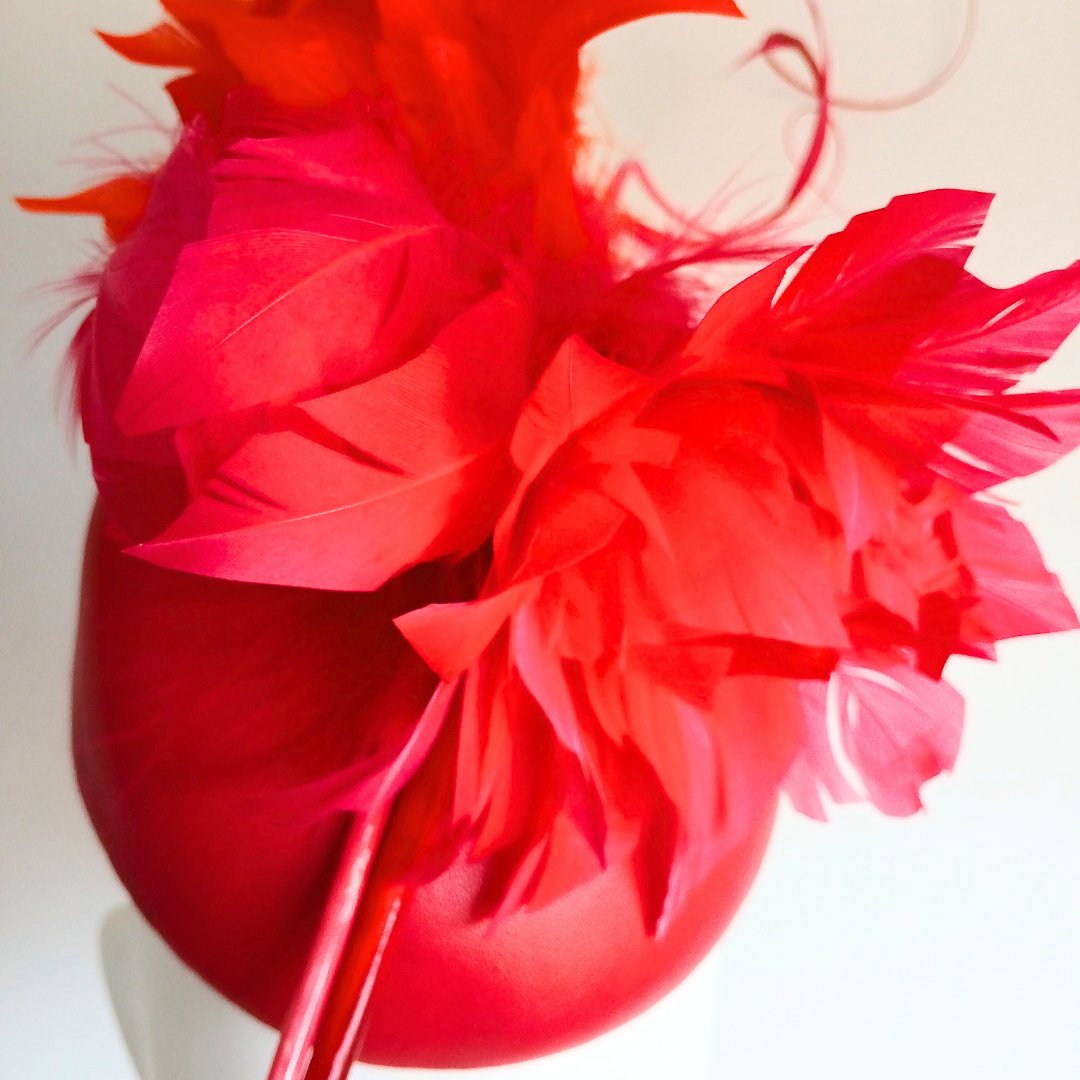 Women's Red and Orange Leather & feathers headpiece - Julie Herbert Millinery