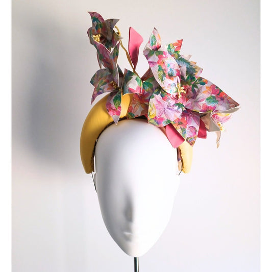 Yellow Leather Crown Headpiece with flowers - Julie Herbert Millinery