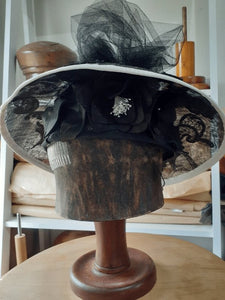 Black and White Sinamay hat with lace and veiling bow - Julie Herbert Millinery