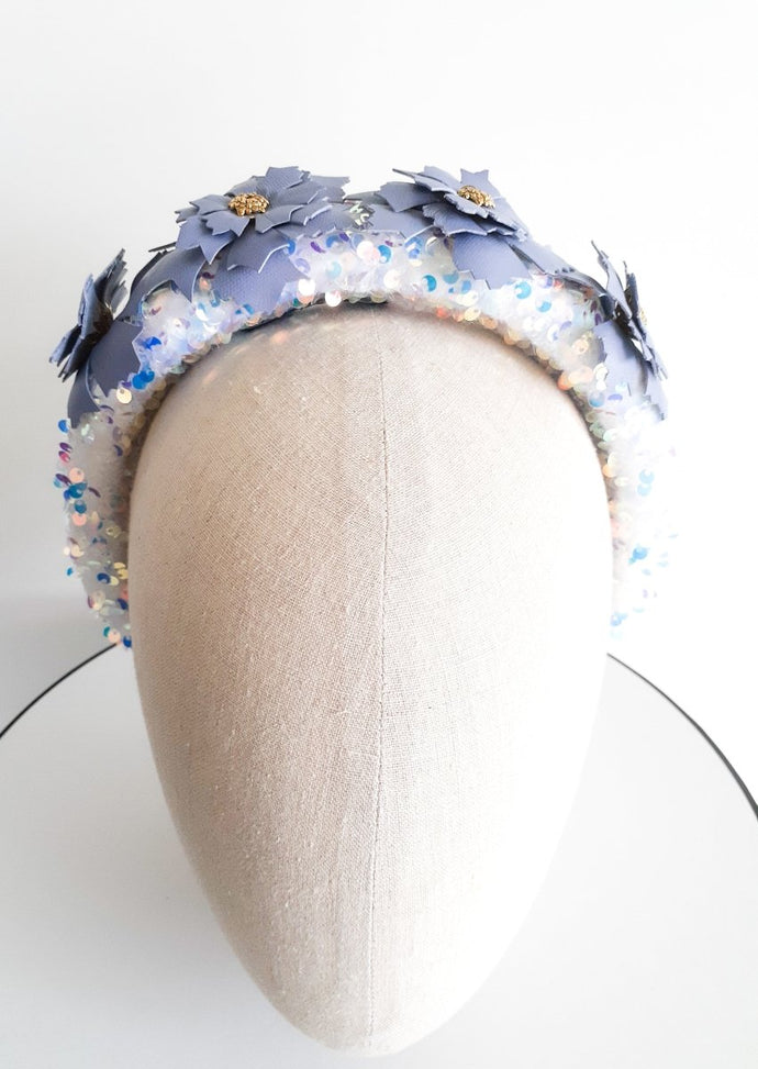 Blue and White Leather Snowflake Headband - Julie Herbert Millinery