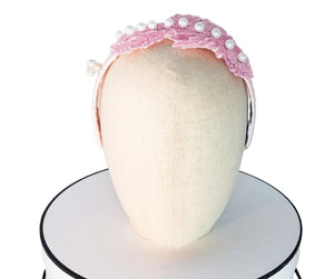 Ladies Baby pink pastel guipure lace headband with Swarovski pearls - Julie Herbert Millinery