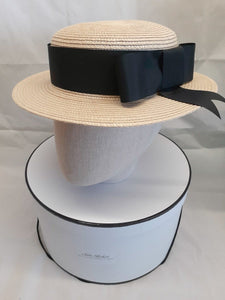 Ladies ivory and black straw boater hat - Julie Herbert Millinery
