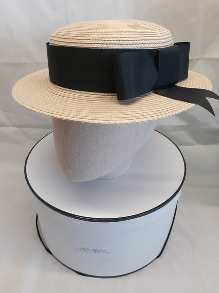 Ladies ivory and black straw boater hat Julie Herbert Millinery