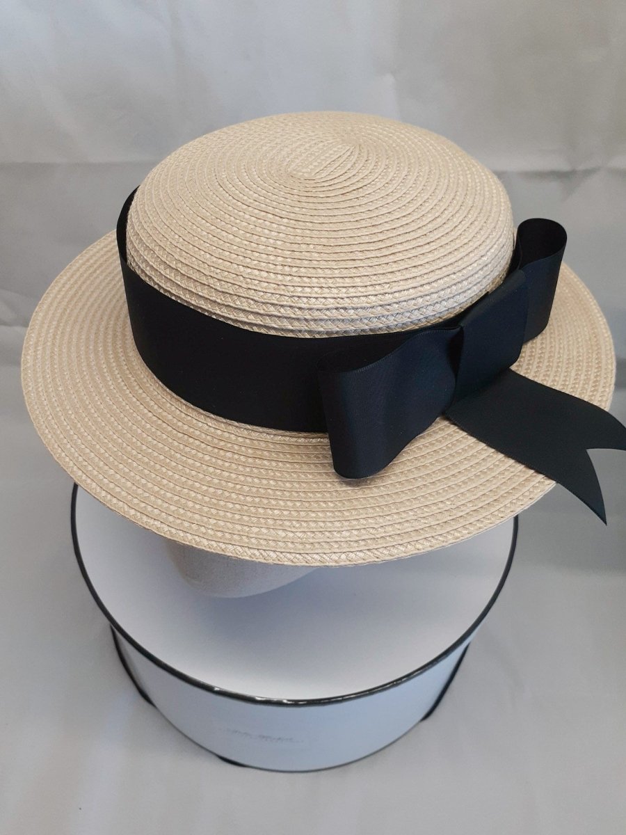 Ladies ivory and black straw boater hat Julie Herbert Millinery