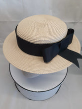 Ladies ivory and french navy blue straw boater hat - Julie Herbert Millinery