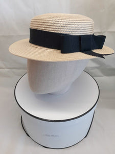 Ladies ivory and french navy blue straw boater hat - Julie Herbert Millinery