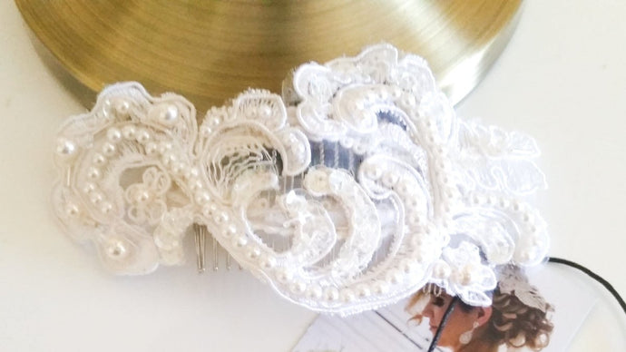 Ladies Off White Guipure Lace with Swarovski Pearls Bridal headpiece - Julie Herbert Millinery