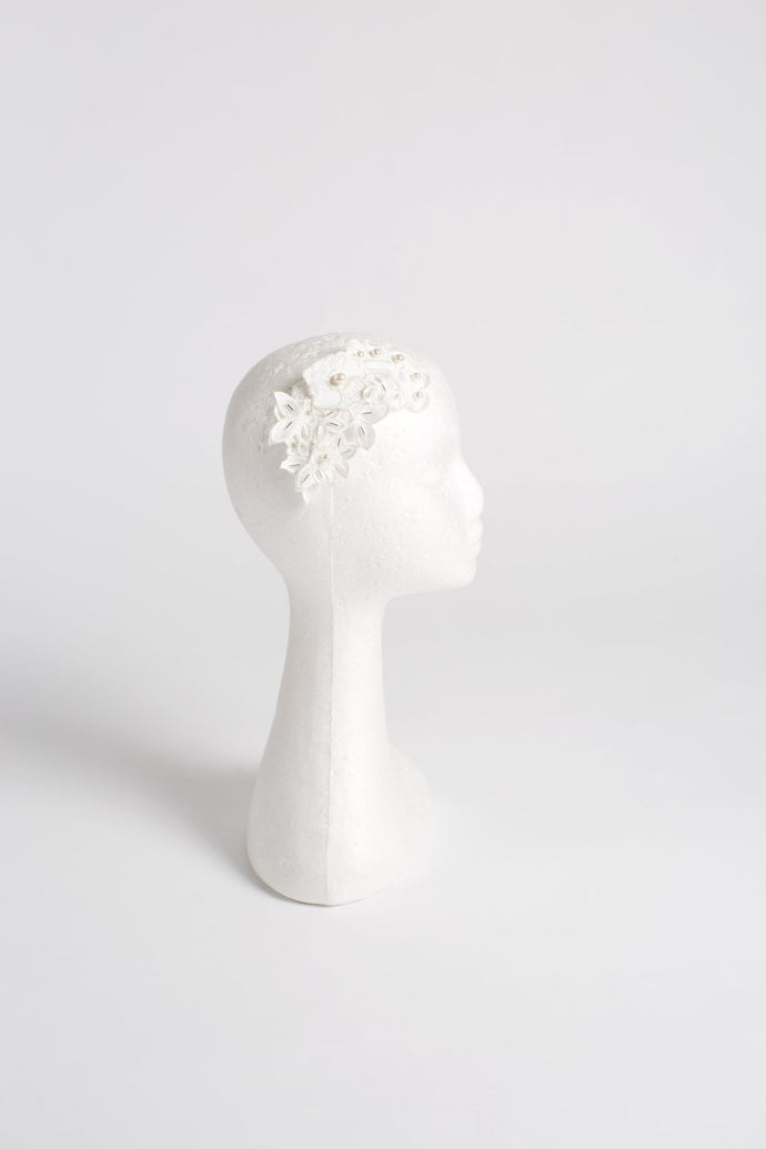 Ladies Small 3D Lace Piece w/ White Swarovski Pearls Bridal headpiece - Julie Herbert Millinery
