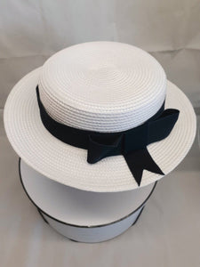 Ladies white and french navy blue straw boater hat - Julie Herbert Millinery