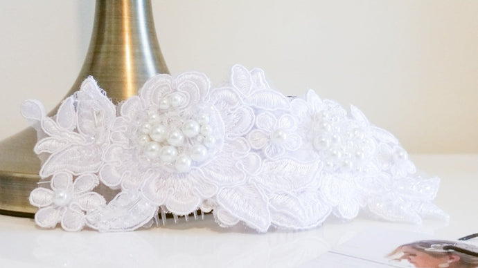 Ladies White Swarovski Pearl Guipure Lace Bridal Headpiece - Julie Herbert Millinery