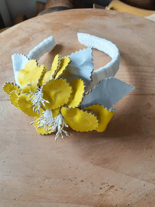 Ladies Yellow & White Leather flower Headband - Julie Herbert Millinery
