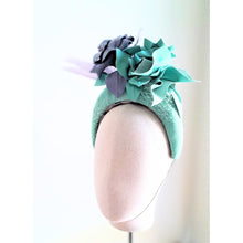 Mint Green and Lilac Sinamay Crown with Leather and Feathers - Julie Herbert Millinery