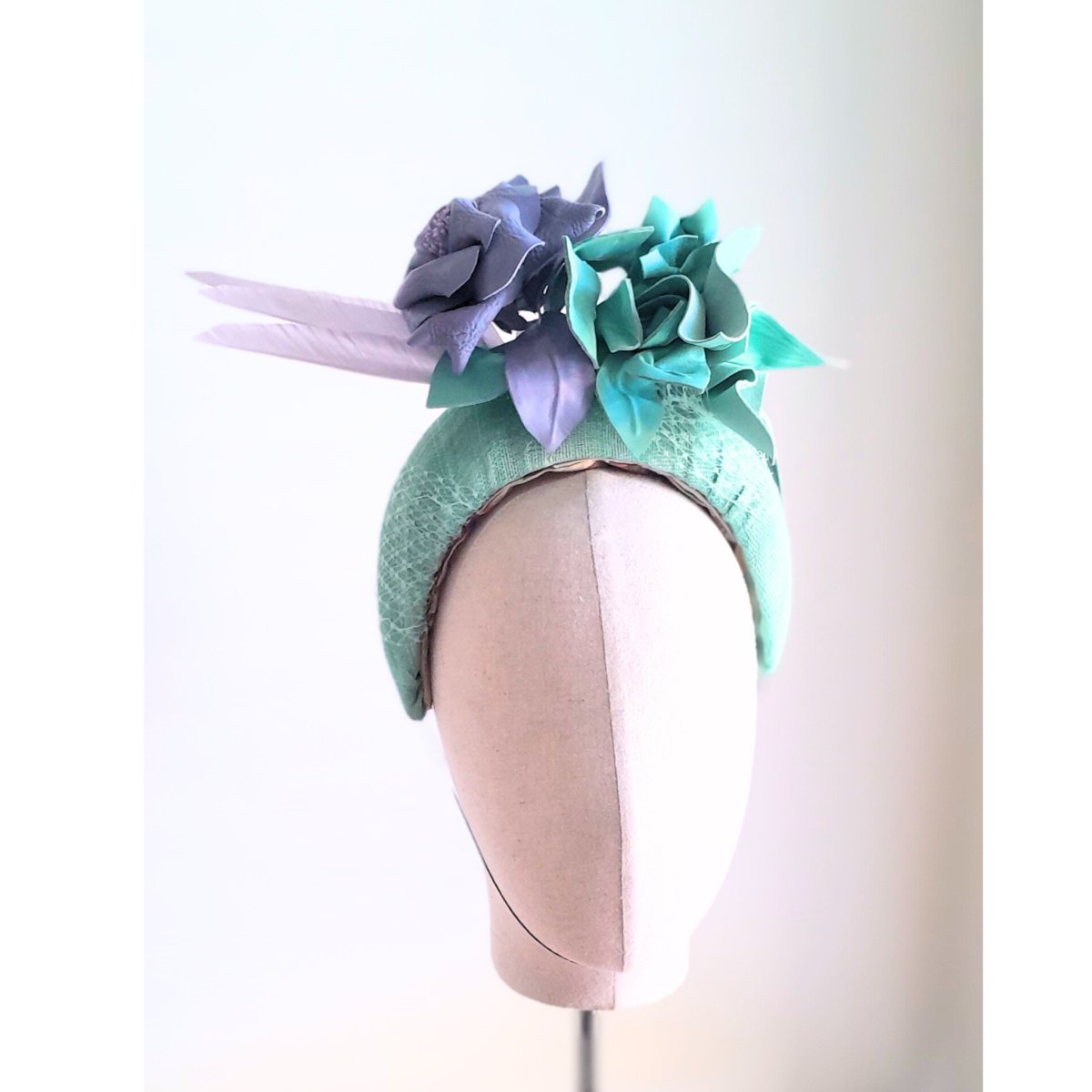 HAWAIIAN BLUE blue leather fascinator head crown snake leather designer art crown races melbourne cup ascot magic millions millinery order hat lux