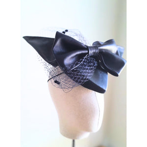 NAVY BLUE LEATHER CROWN WITH BOW & VEILING - Julie Herbert Millinery