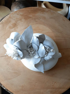 Off White Leather flower headpiece button percher - Julie Herbert Millinery