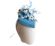 Sky Blue and Ivory Flower and Biot Leather Percher Headpiece - Julie Herbert Millinery