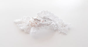 White Guipure with Ivory and Pink Swarovski embellishment headpiece - Julie Herbert Millinery
